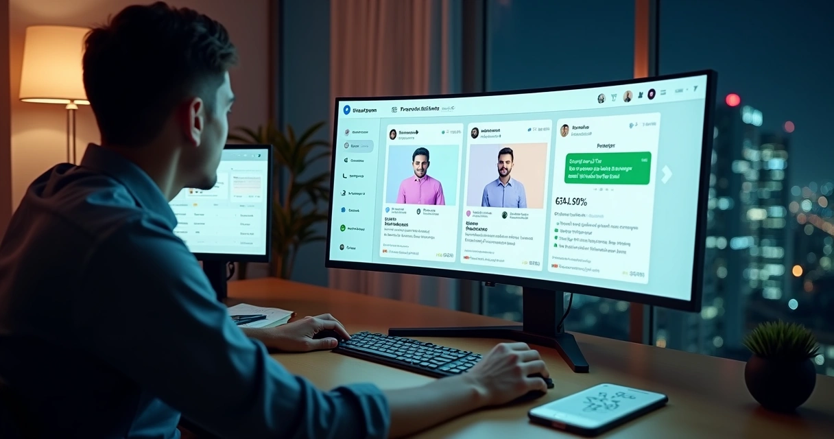 Comprador analisando ofertas de contas de Instagram em painel digital moderno 
