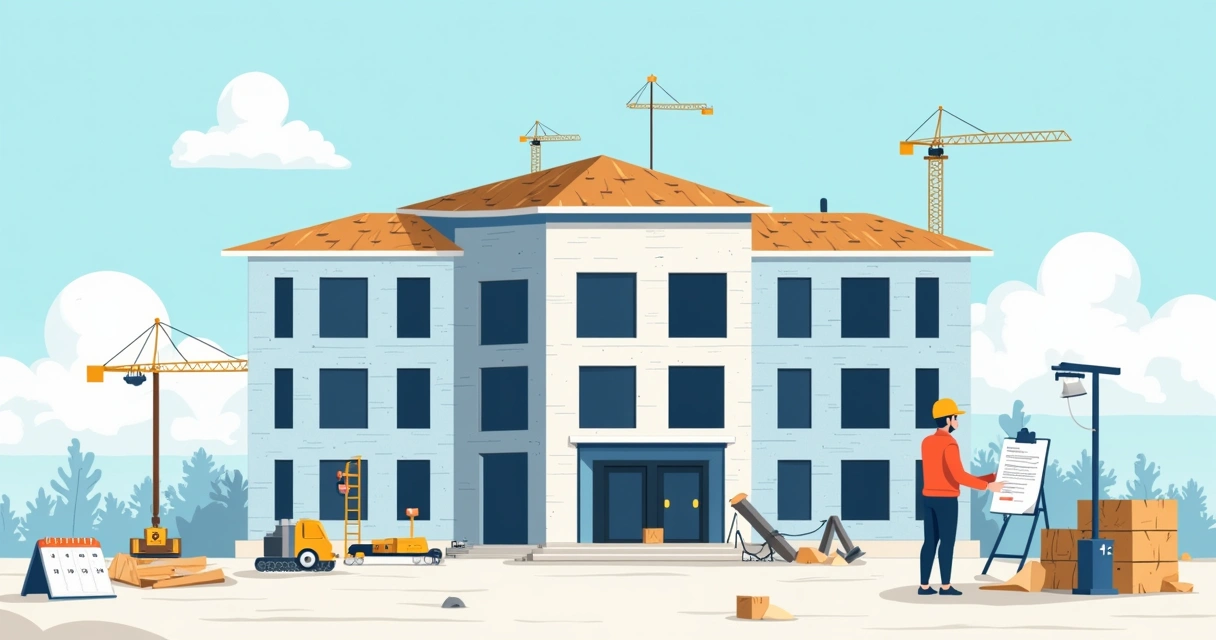 Ilustração de comprador em frente a construção atrasada, segurando contrato, com calendário e ícones de direitos ao fundo.
