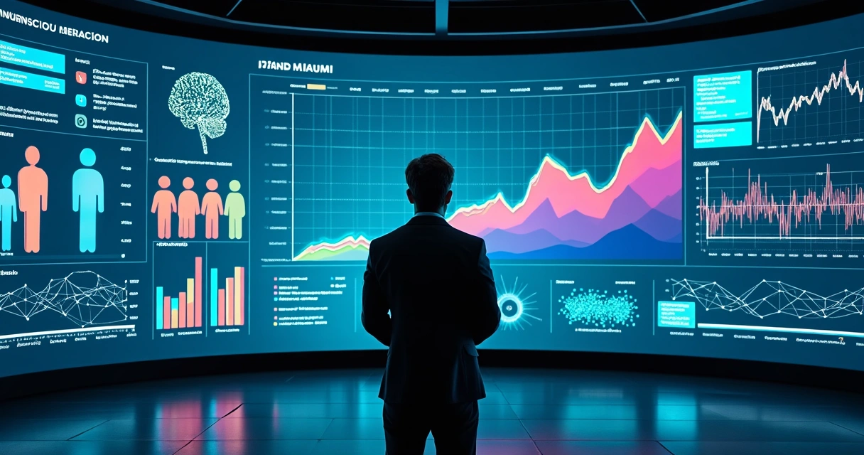 Painel digital mostrando silhuetas de consumidores e gráficos mudando com análise de IA 