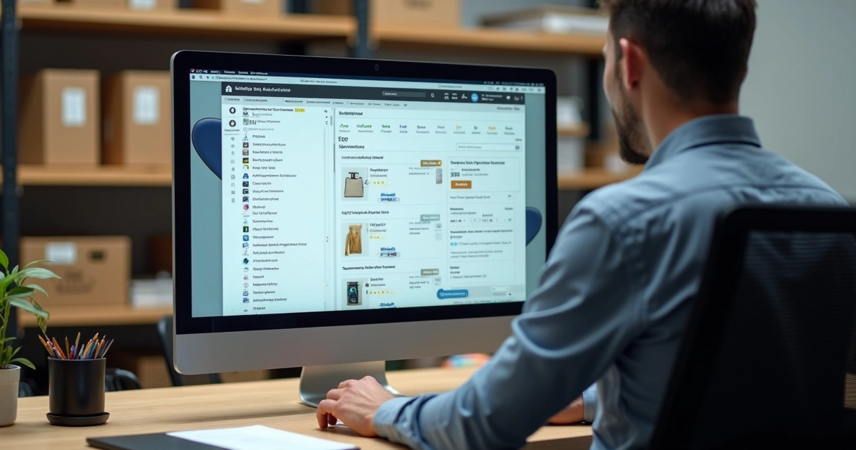 Profissional de compras analisando plataforma de ecommerce B2B na tela do computador 