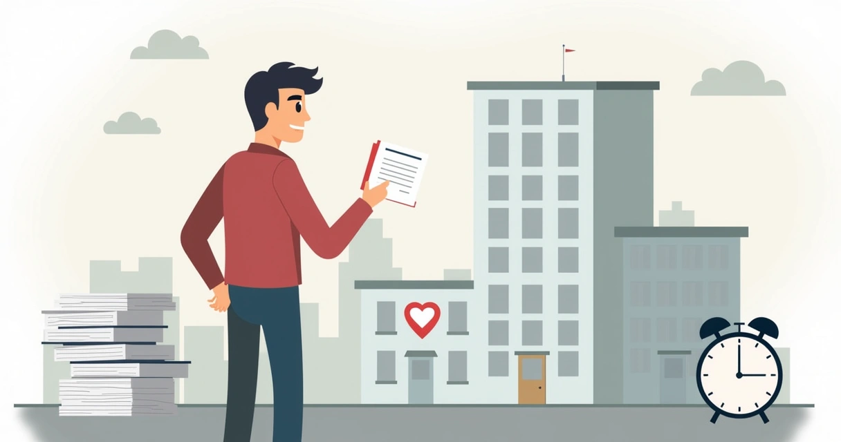 Comprador insatisfeito segurando uma carta em frente a uma construtora, com documentos ao lado e relógio.