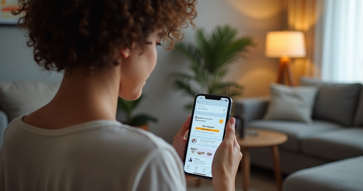 Mulher segurando celular vendo promoção de última chance online 