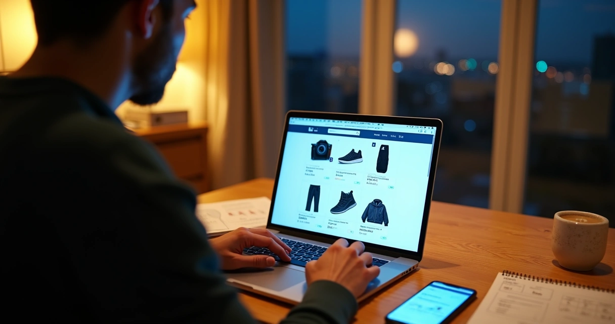 Comprador analisa anúncios de produtos importados no notebook em ambiente doméstico 