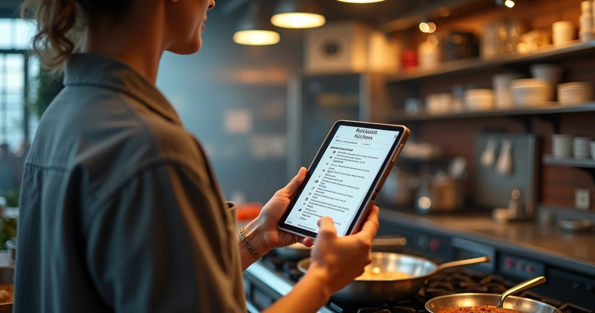 Pessoa analisando lista de compras com tablet em cozinha comercial 