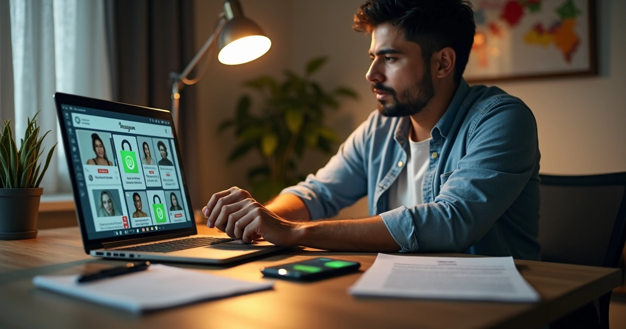 Empreendedor analisando perfis de Instagram com selo de segurança em notebook 