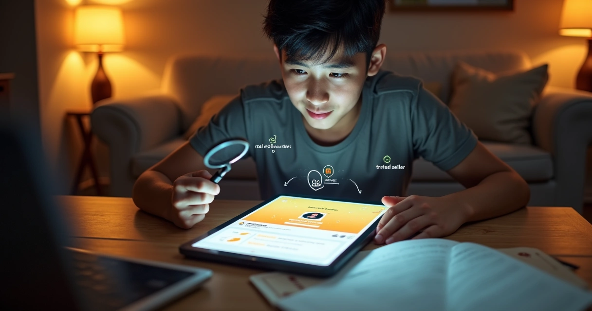 Usuário analisando conta do Kwai em tela de tablet com indicadores de segurança 