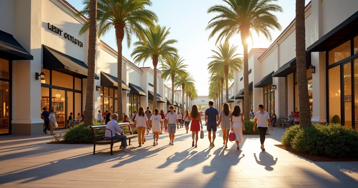 Pessoas caminhando e carregando sacolas em outlet em Orlando