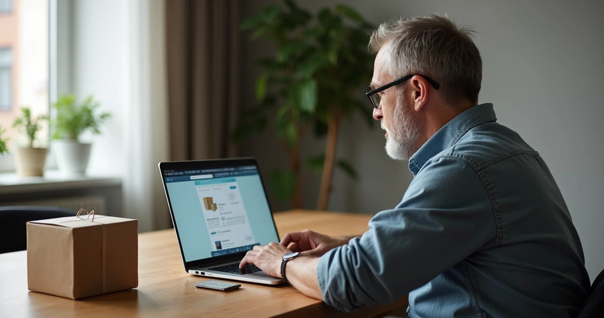 Homem adulto usando computador em casa para comprar medicamentos de modo discreto 