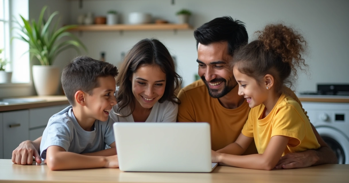 Família brasileira usando notebook para comprar máquina de lavar online 