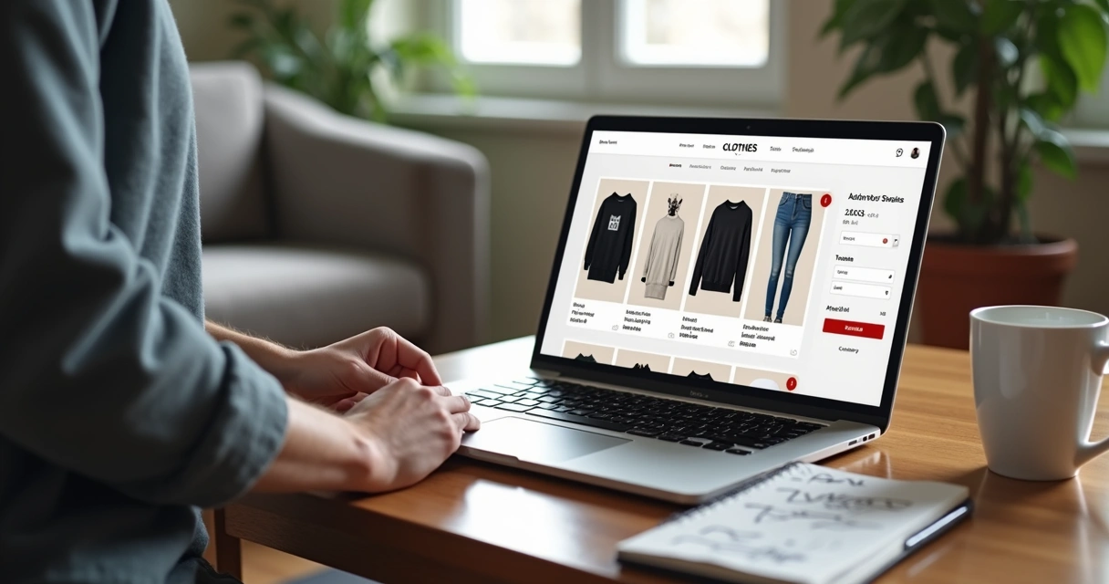 Pessoa escolhendo roupa online em notebook com carrinho de compras na tela 