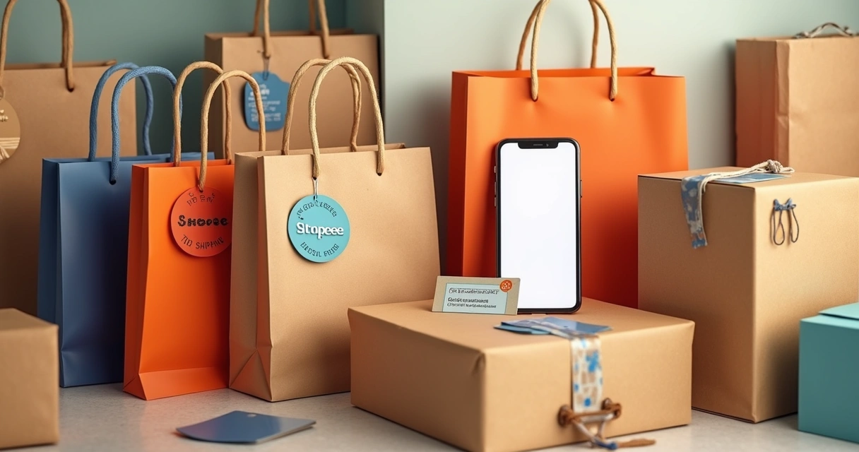 Itens variados de compras online acomodados em sacolas e caixas, ilustrando benefícios 