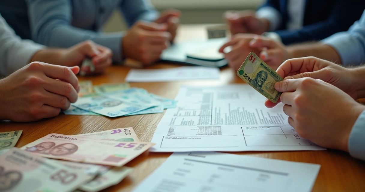 Várias mãos segurando cartões de crédito acima de uma mesa com contas e notas. 