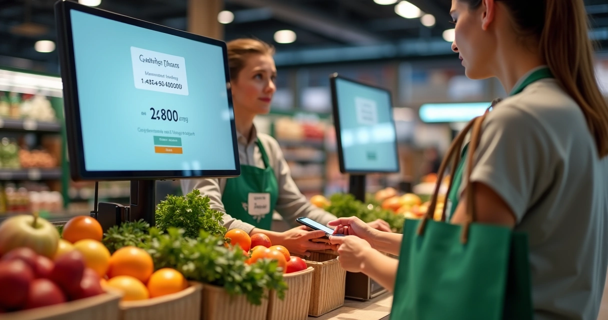 Pessoa pagando compras no supermercado e recebendo crédito de cashback no perfil digital