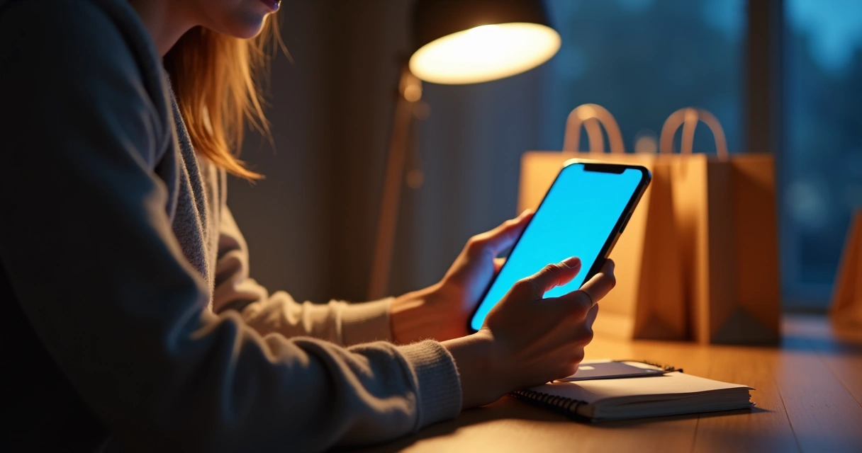 Pessoa olhando celular e cartão perto de sacolas de compras