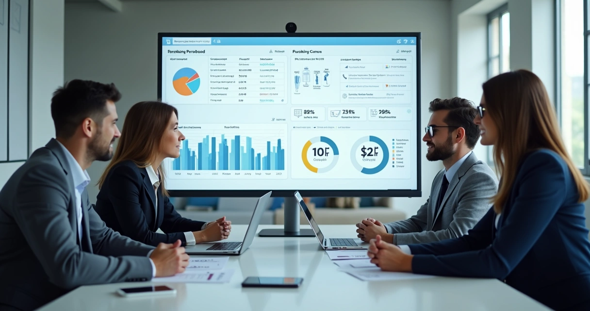 Equipe administrativa analisando compras centralizadas em tela com gráficos e listas de produtos 