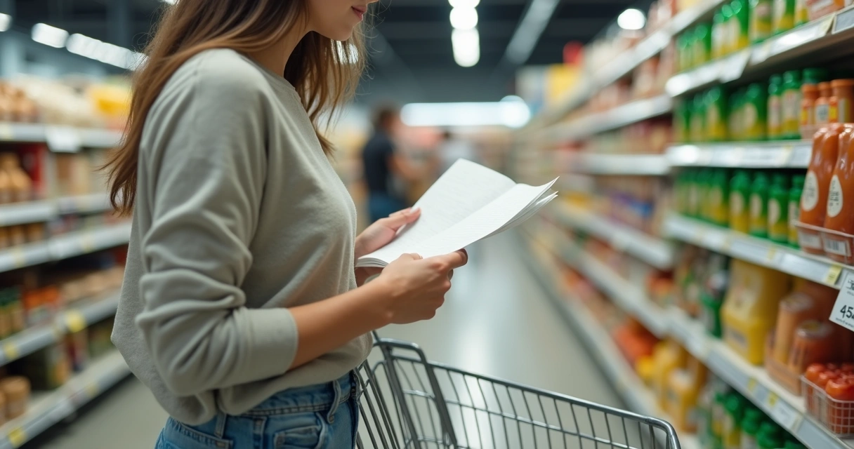Pessoa comparando produtos com lista de compras em mercado