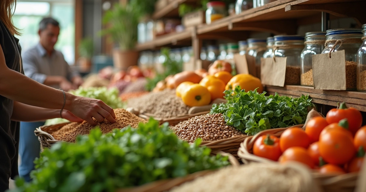 Pessoa escolhendo alimentos a granel em feira com sacola reutilizável