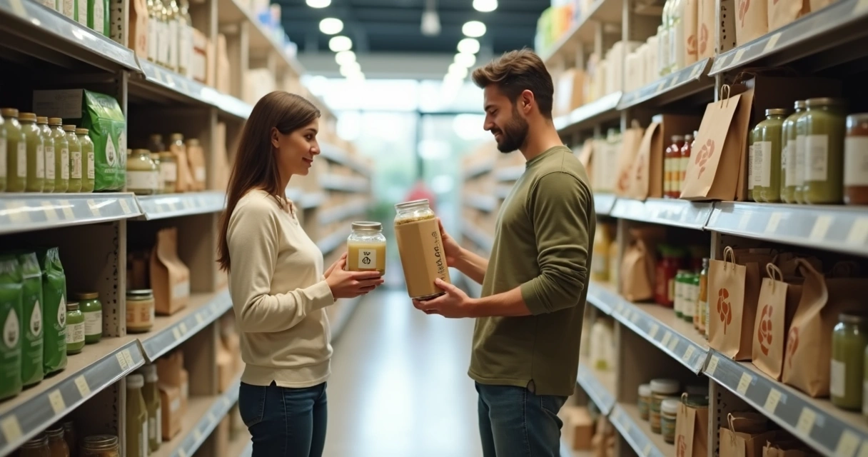 Pessoa comparando rótulos e embalagens em mercado sustentável