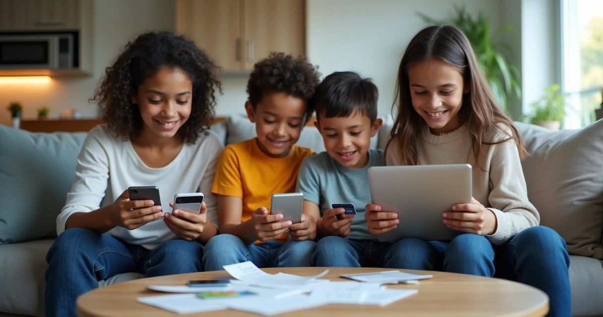 Família conectada realizando compras digitais em diferentes dispositivos 