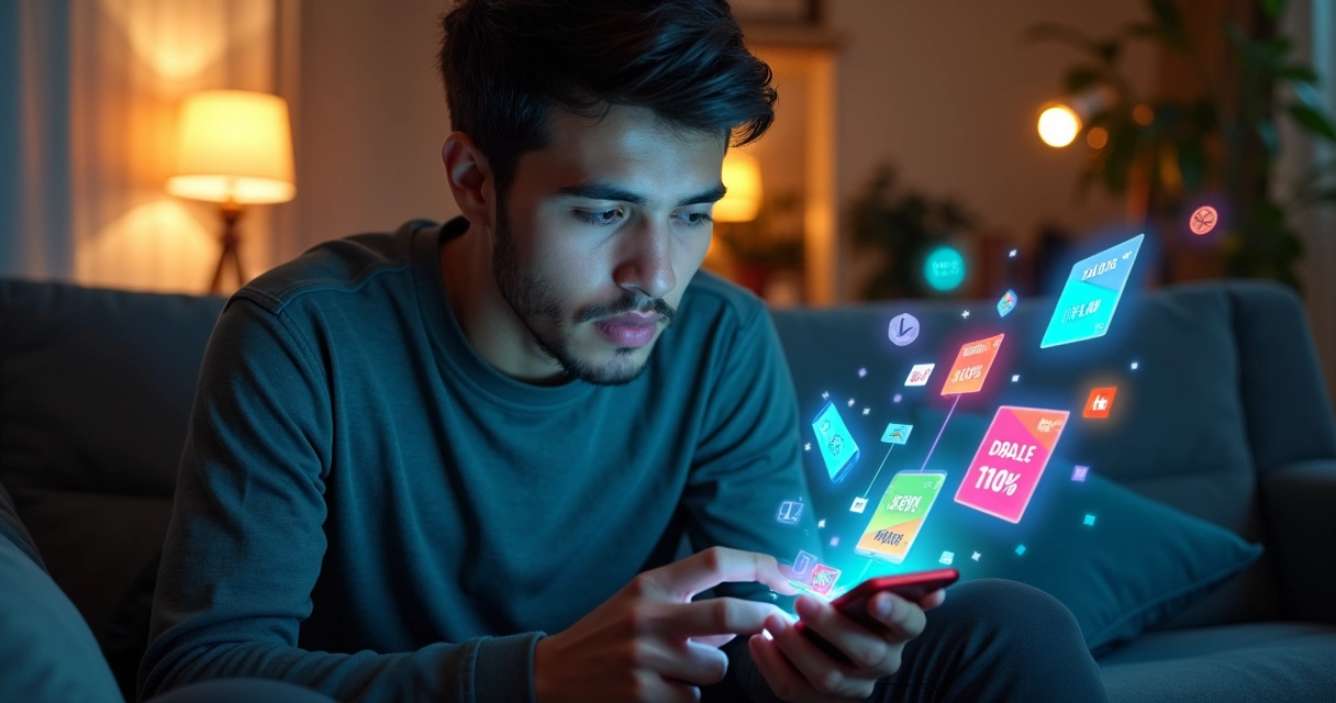 Homem olhando para tela de smartphone com imagens de promoções digitais ao redor 