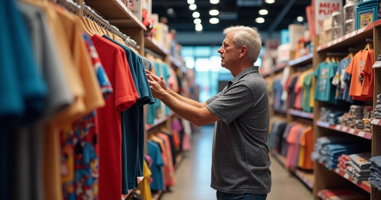 Pessoa escolhendo camisetas tamanho XL com personagens da Disney em loja temática