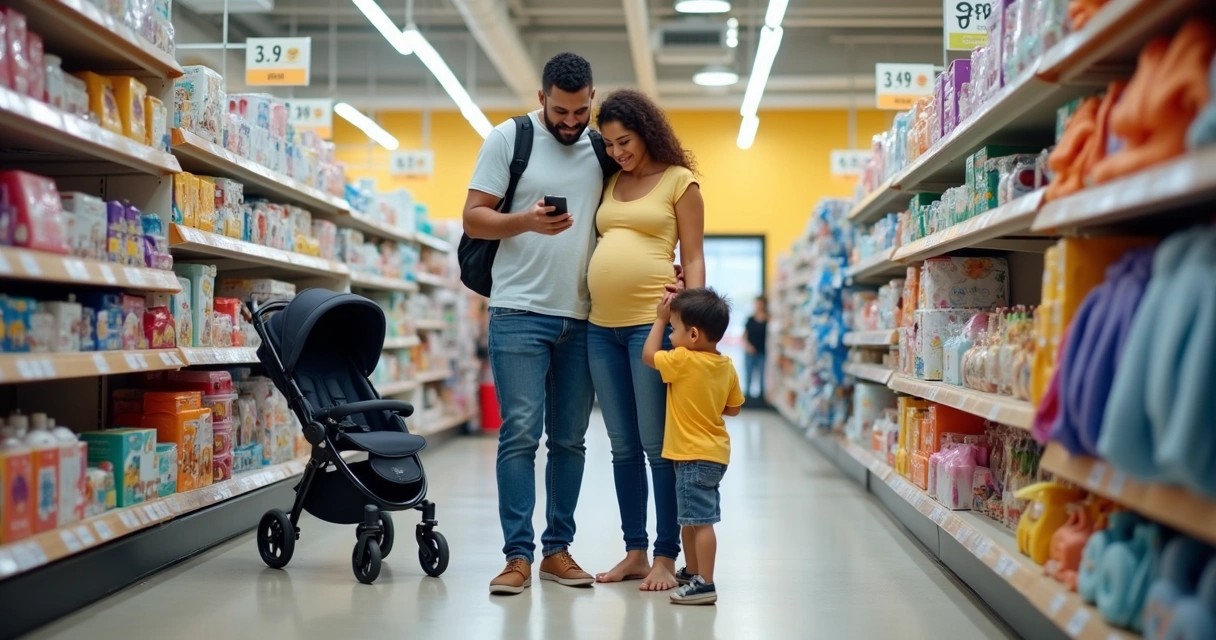 Mãe escolhendo produtos para enxoval do bebê em loja de Orlando 