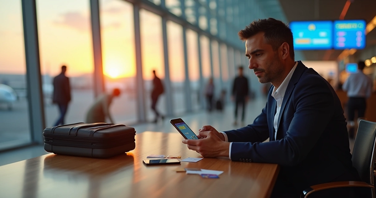 Adulto brasileiro sentado em aeroporto comparando cartões antes de comprar no exterior 
