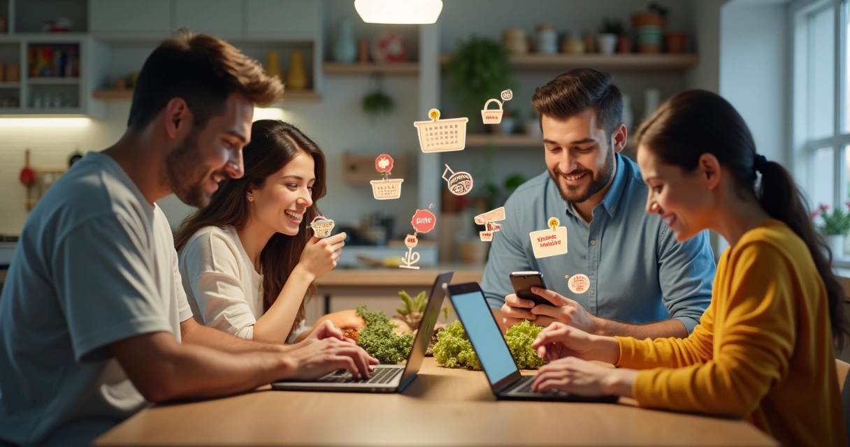 Família usando notebook e celular para planejar lista de compras online, produtos e sacolas virtuais na tela 