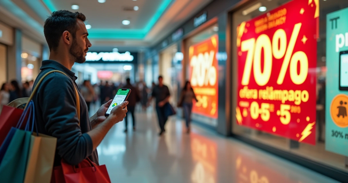 Pessoa em loja segurando vários produtos com cronômetro gigante de promoção ao fundo 