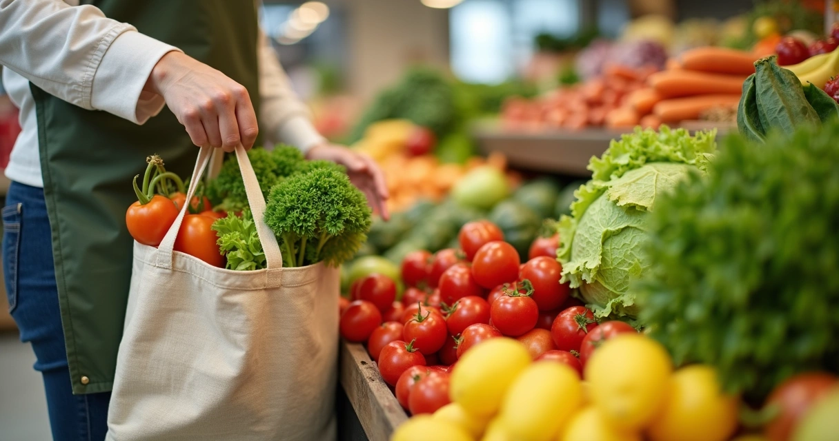 Pessoa escolhendo frutas e verduras frescas em um mercado 