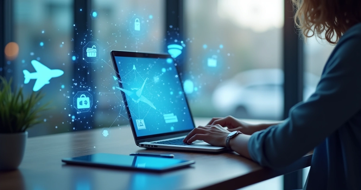 Pessoa comprando online em notebook com ícones de milhas. 