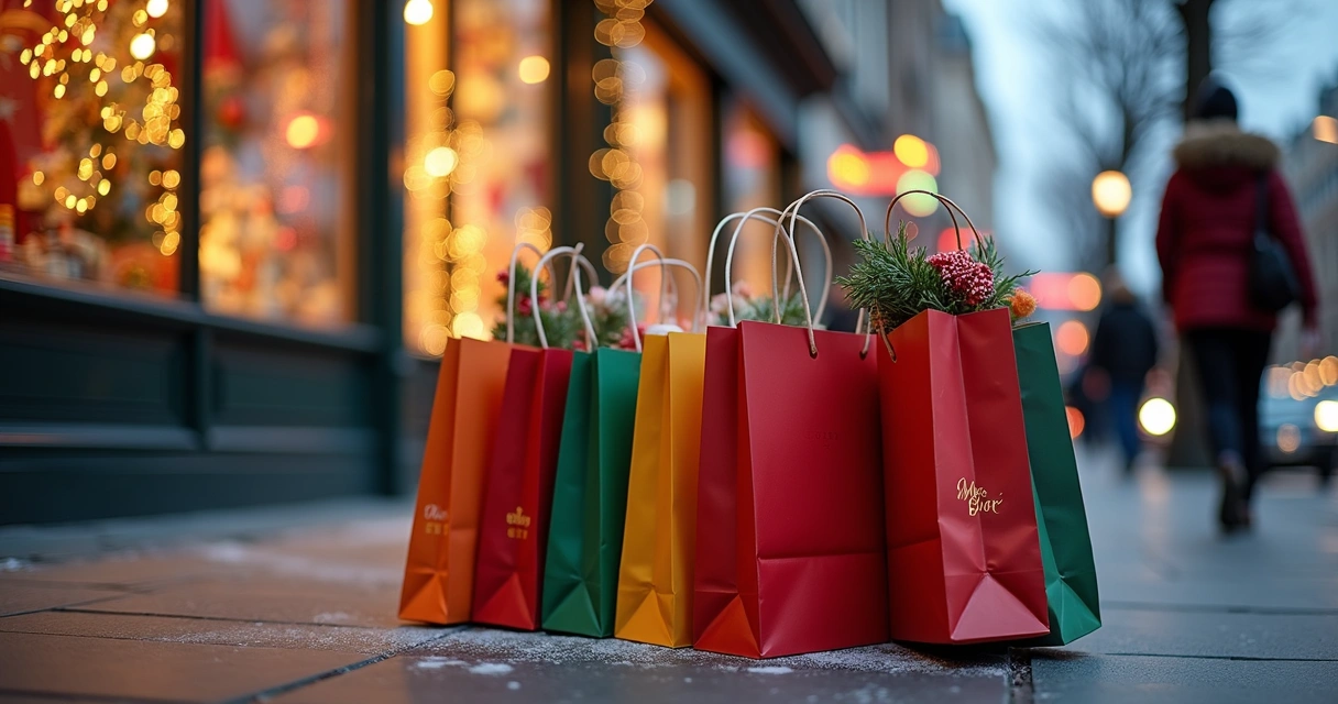 Vários sacolas coloridas de compras natalinas em uma calçada 