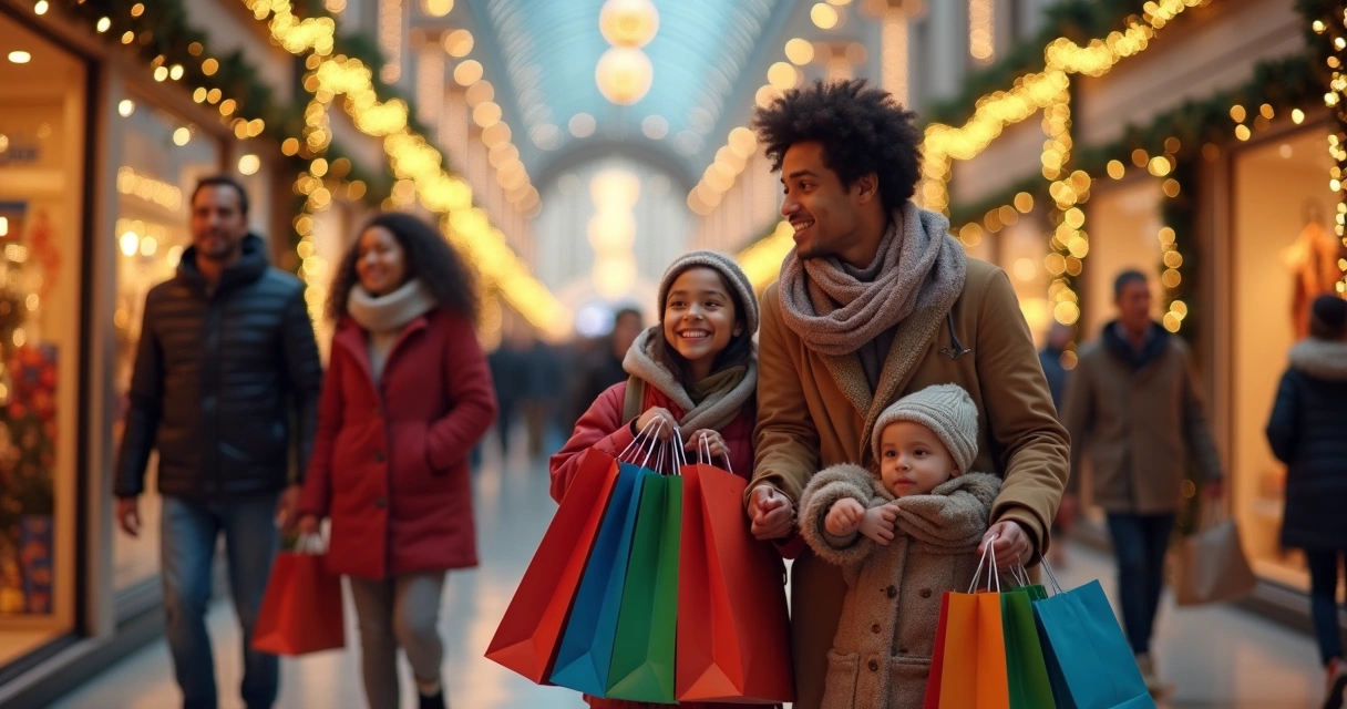 Família escolhendo presentes de Natal em shopping decorado