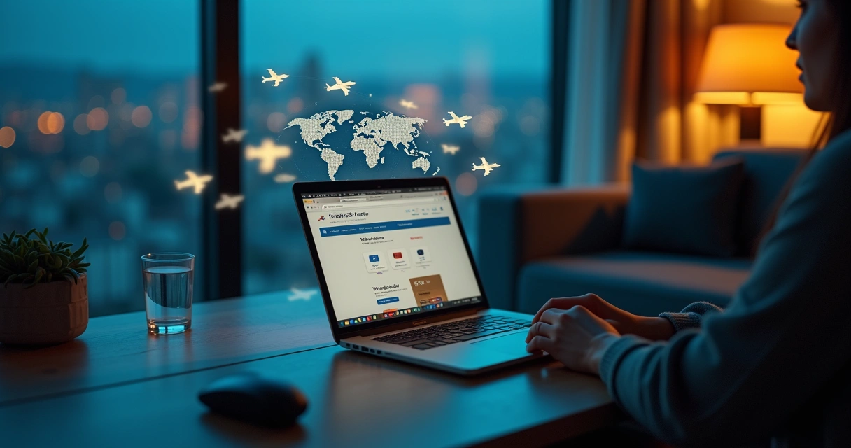 Consumidor em casa fazendo compras online com símbolos de pontos e viagens ao redor do notebook 