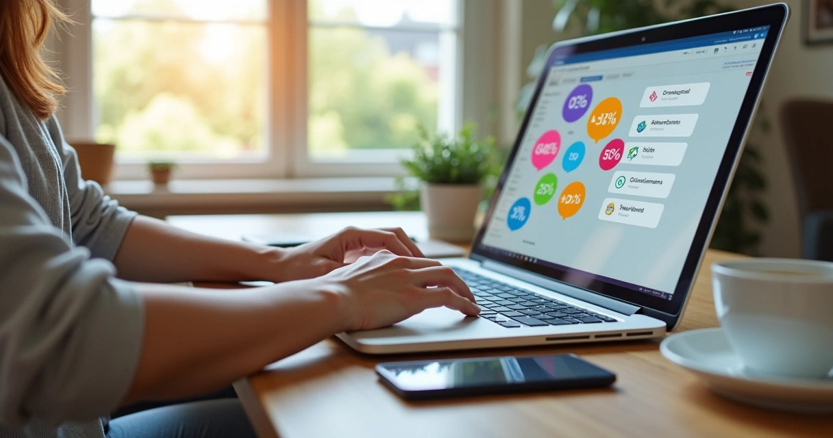 Pessoa fazendo compras online em laptop com lista de dicas e elementos digitais de descontos e cupons 