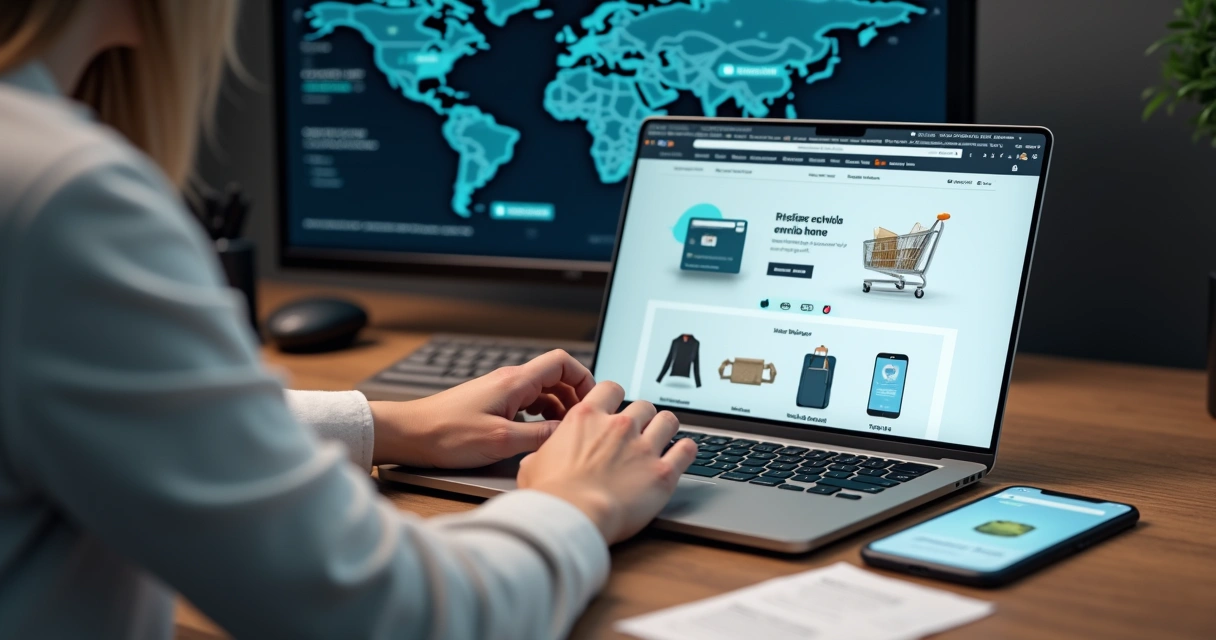 Compra internacional feita online em computador 
