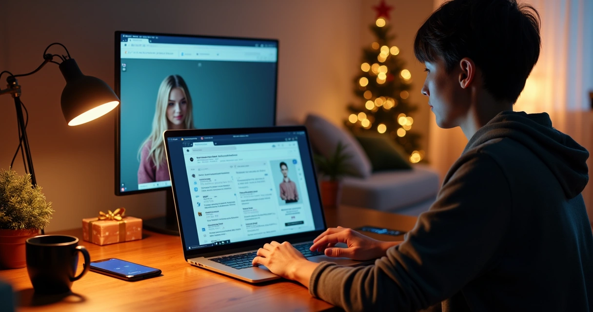 Consumidora usando assistente de IA em compras online no notebook e celular 