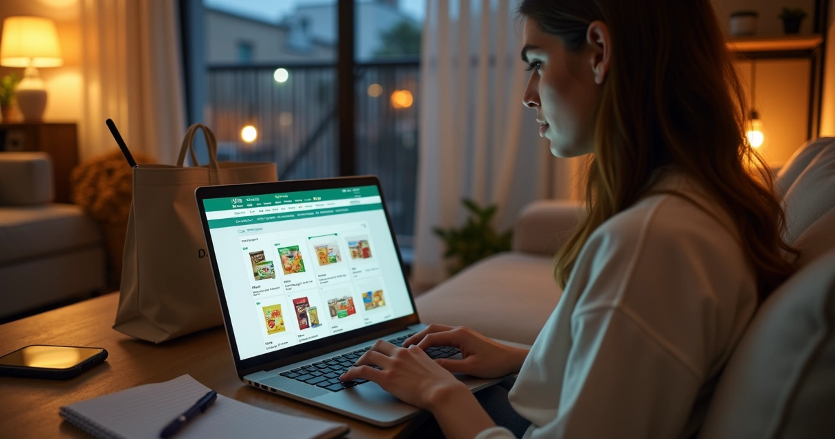 Mulher brasileira comparando ofertas de supermercado no notebook na sala de estar 
