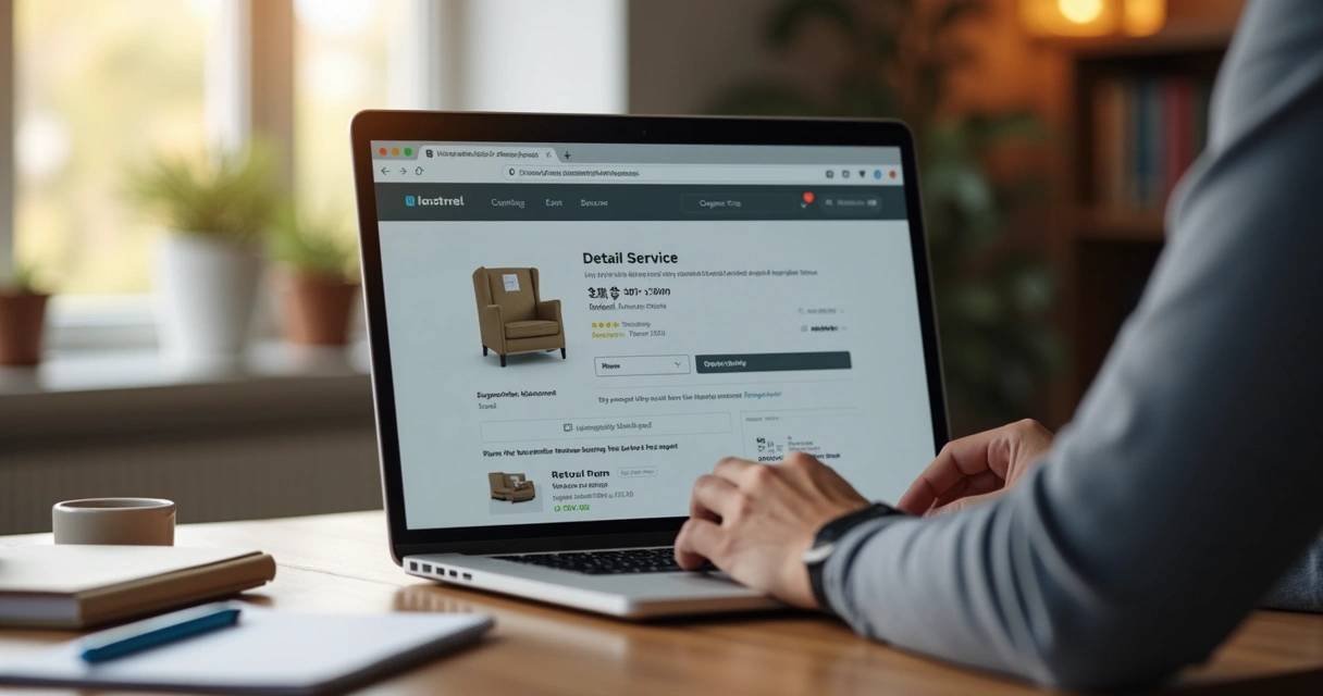 Pessoa verificando oferta e política de compra no notebook