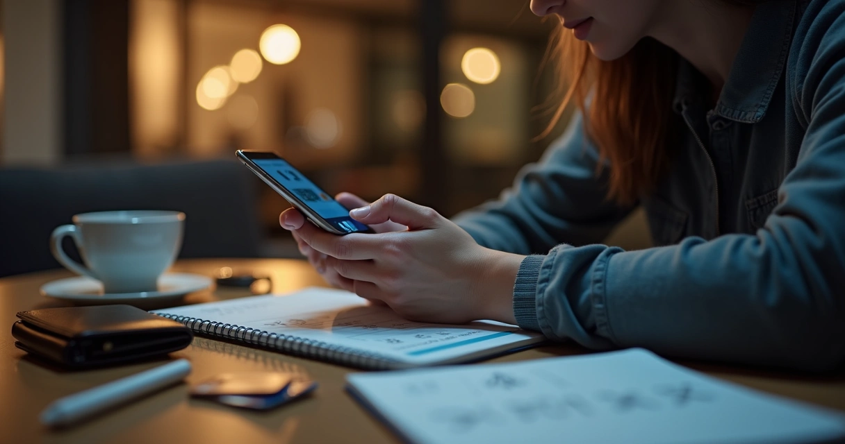 Pessoa olhando o celular e cartões sobre a mesa