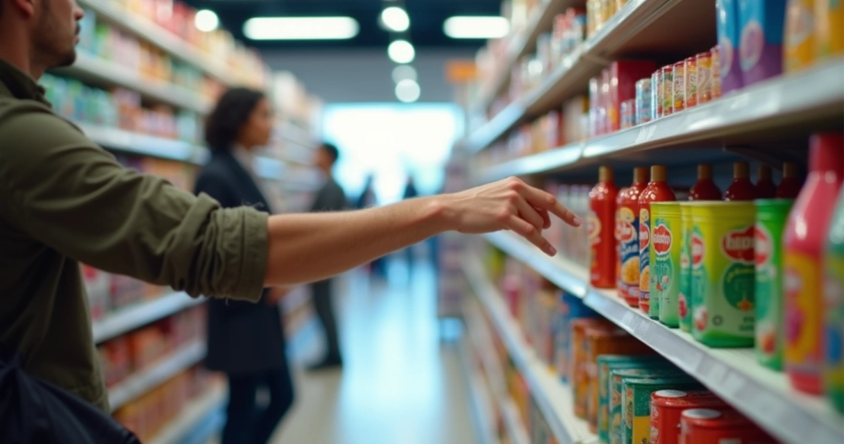 Pessoa escolhendo produto em loja com várias opções 