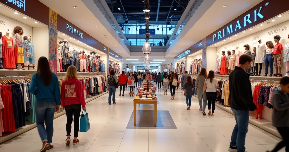 Corredores movimentados da loja Primark em Orlando com expositores de roupas e produtos de cultura pop 