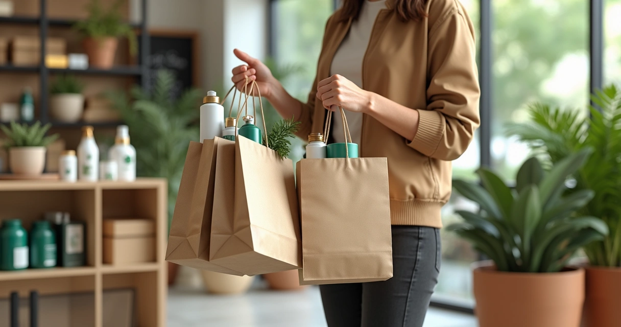 Pessoa fazendo compras conscientes com sacolas reutilizáveis e produtos naturais em uma loja iluminada 