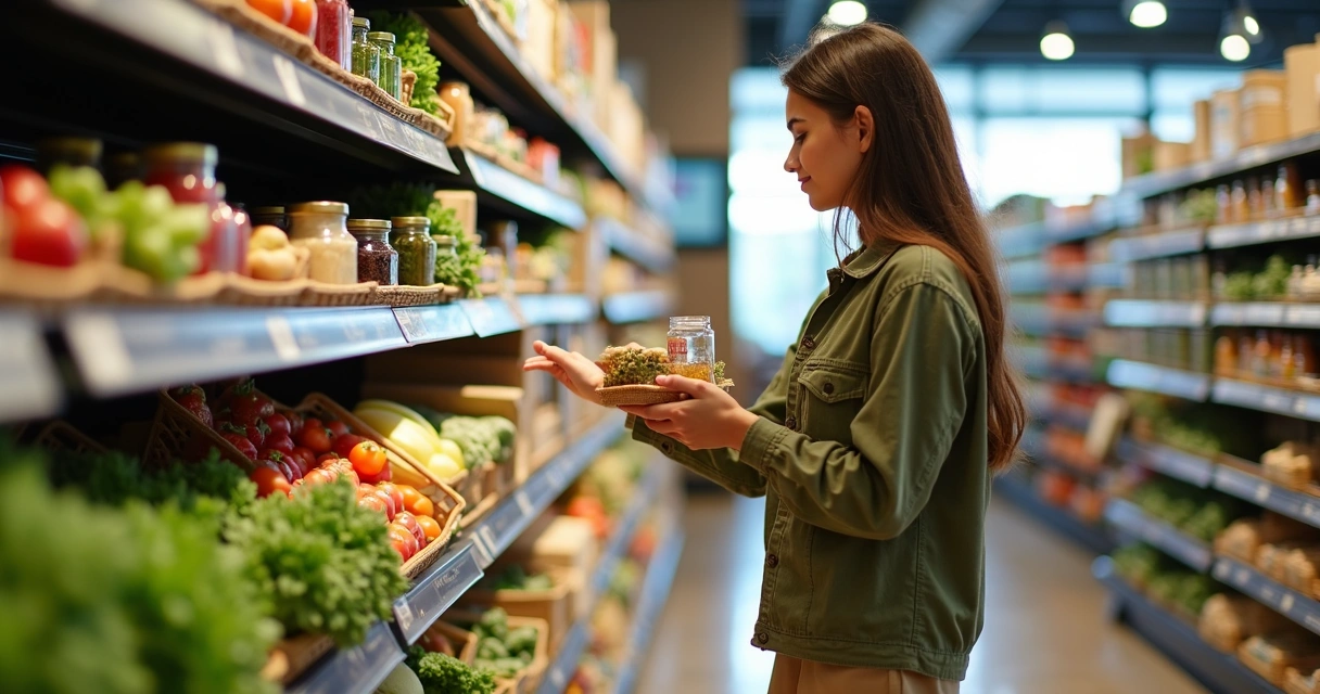 Pessoa comparando produtos com menos embalagem no mercado 