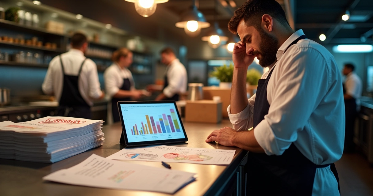 Gerente de restaurante analisando nota fiscal de compra de última hora na cozinha 