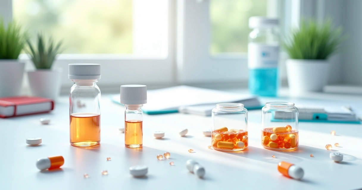 Manejo da bacteremia por gram-negativos: duração e tratamento 2 Comprimidos e frasco de antibiótico ao lado de bloco de prescrições
