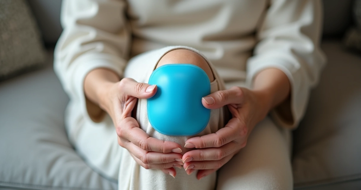 Aplicação de compressa fria no joelho direito de uma pessoa madura sentada 