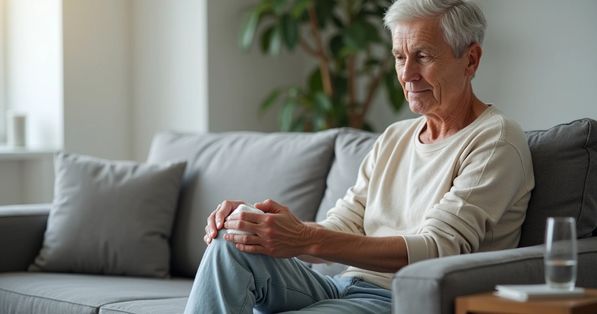Pessoa adulta aplicando compressa fria sobre o joelho em casa 