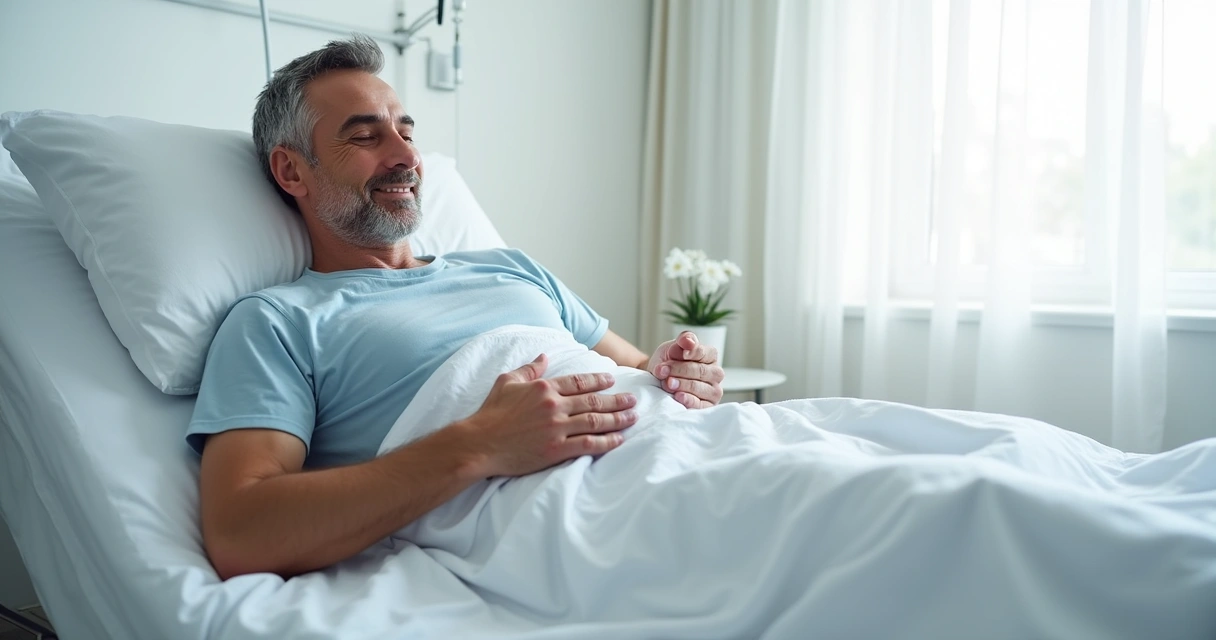 Homem aplicando compressa fria na região pélvica após cirurgia 