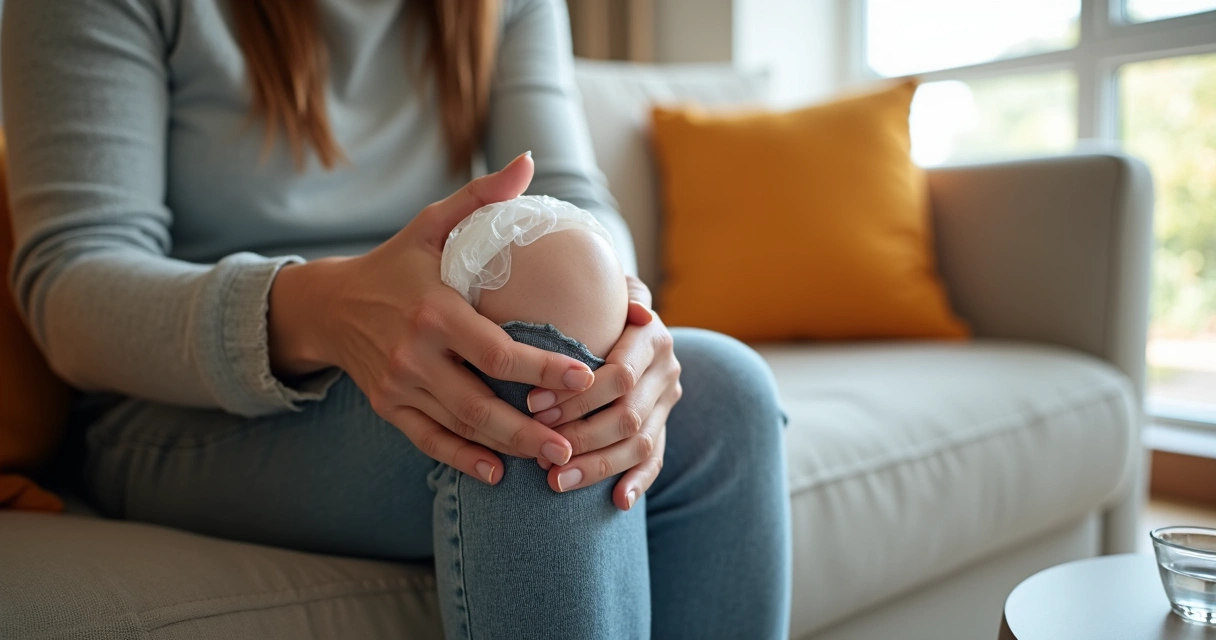 Mão segurando compressa de gelo no joelho, sentado em sofá com almofada alaranjada ao fundo. 